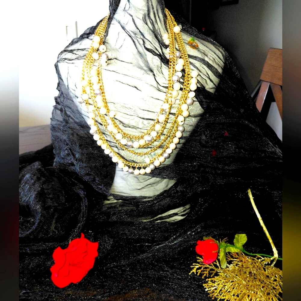 Charming Charlie Gold and White Statement Necklace with Intricate Design